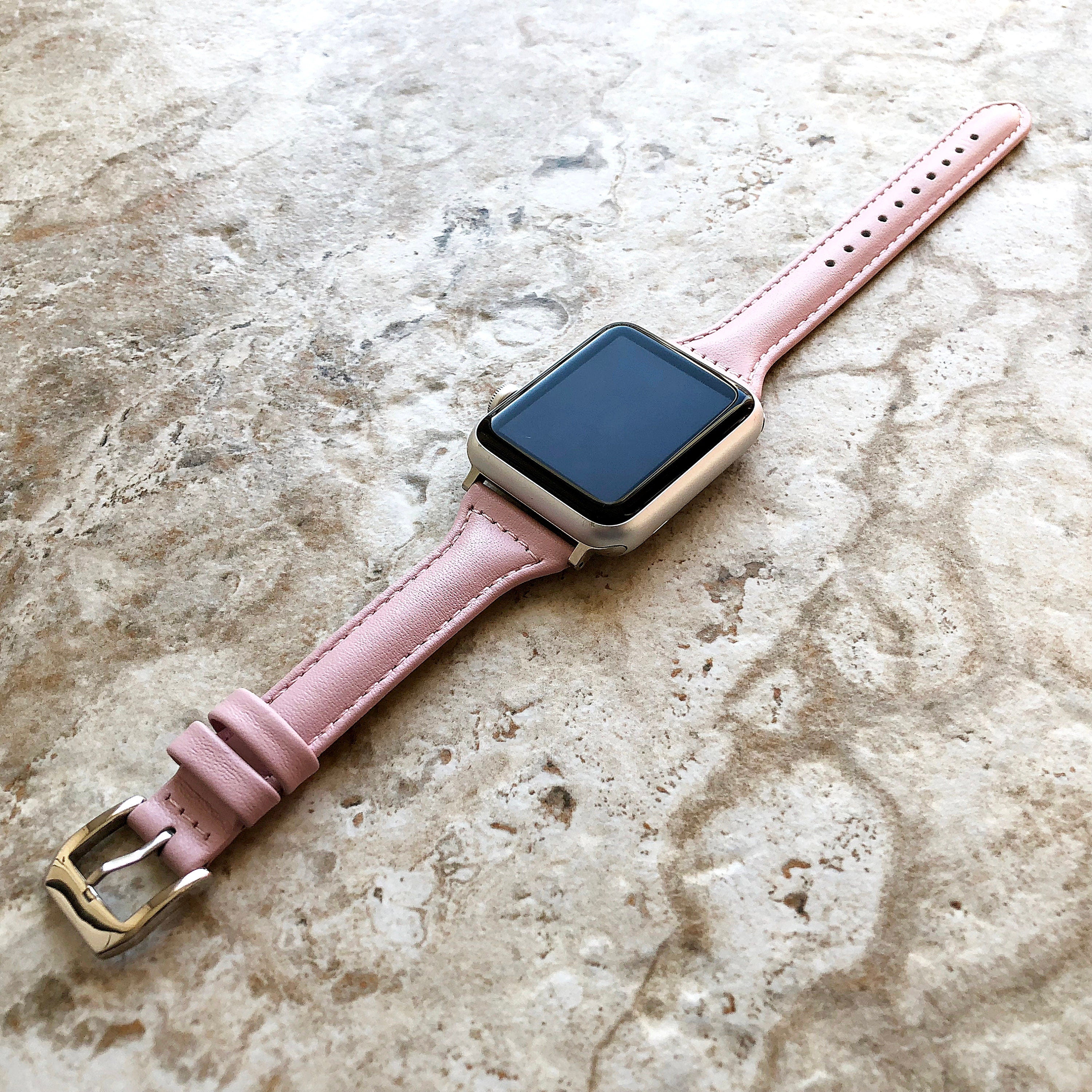 Apple Pink Color Slim Elegant Soft Leather Band Straps Bracelet for iWatch All Series 38mm 40mm 41mm 42mm 44mm 45mm 49mm Case